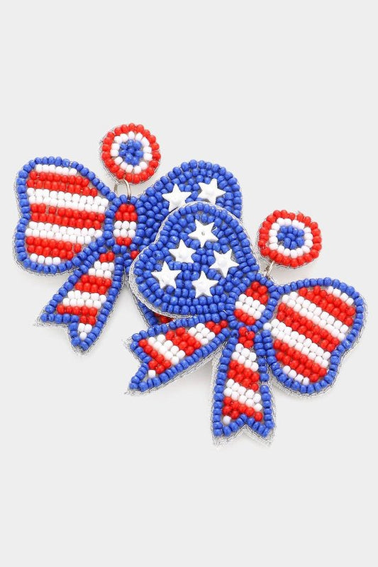 American USA Flag Beaded Ribbon Dangle Earrings