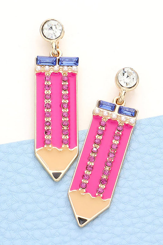 Rhinestone Enamel Pencil Dangle Earrings