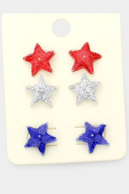 Glittered American USA Flag Star Stud Earrings