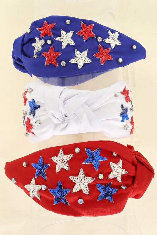 USA Patriotic Star Pattern Rhinestone Embroidery Knotted Headband