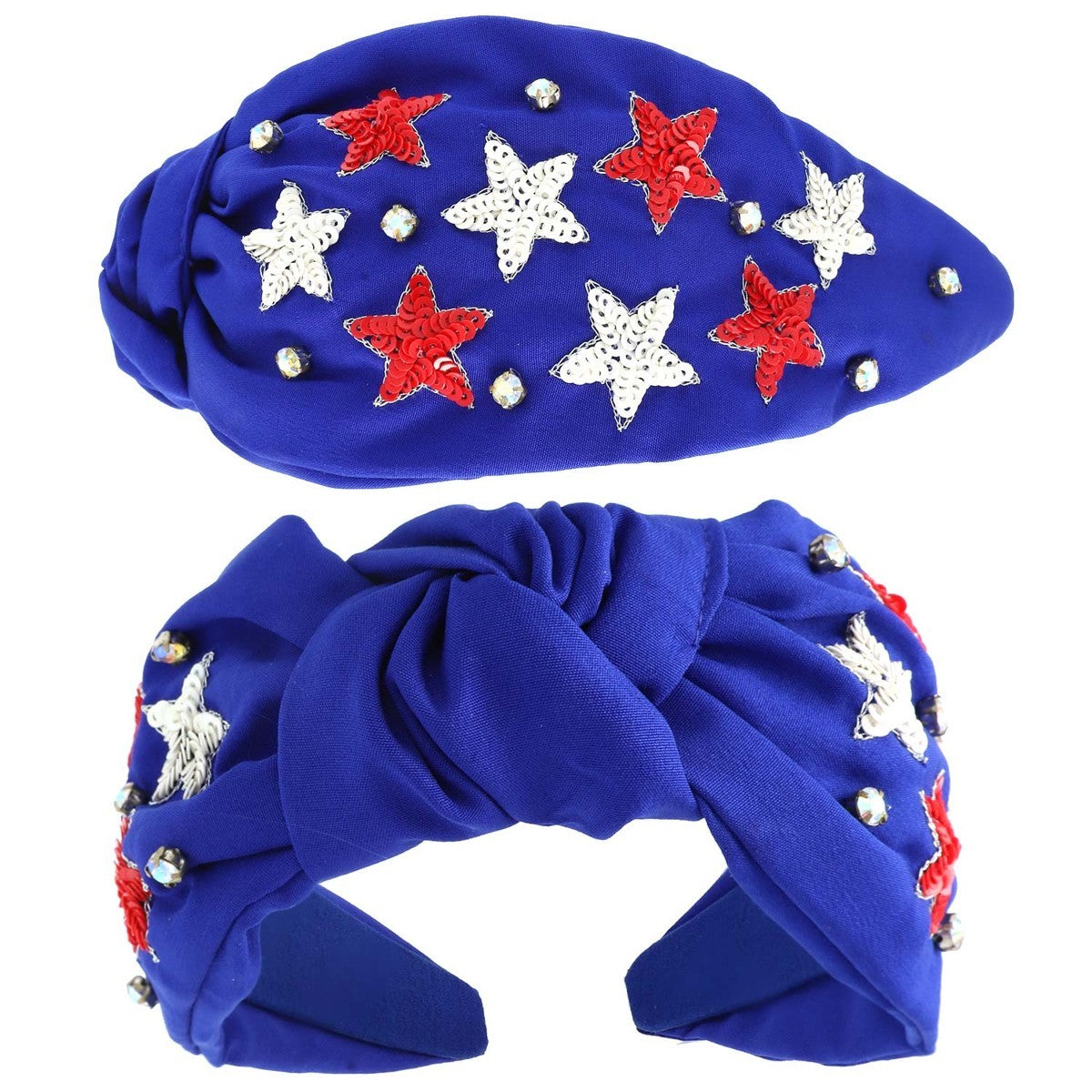 USA Patriotic Star Pattern Rhinestone Embroidery Knotted Headband