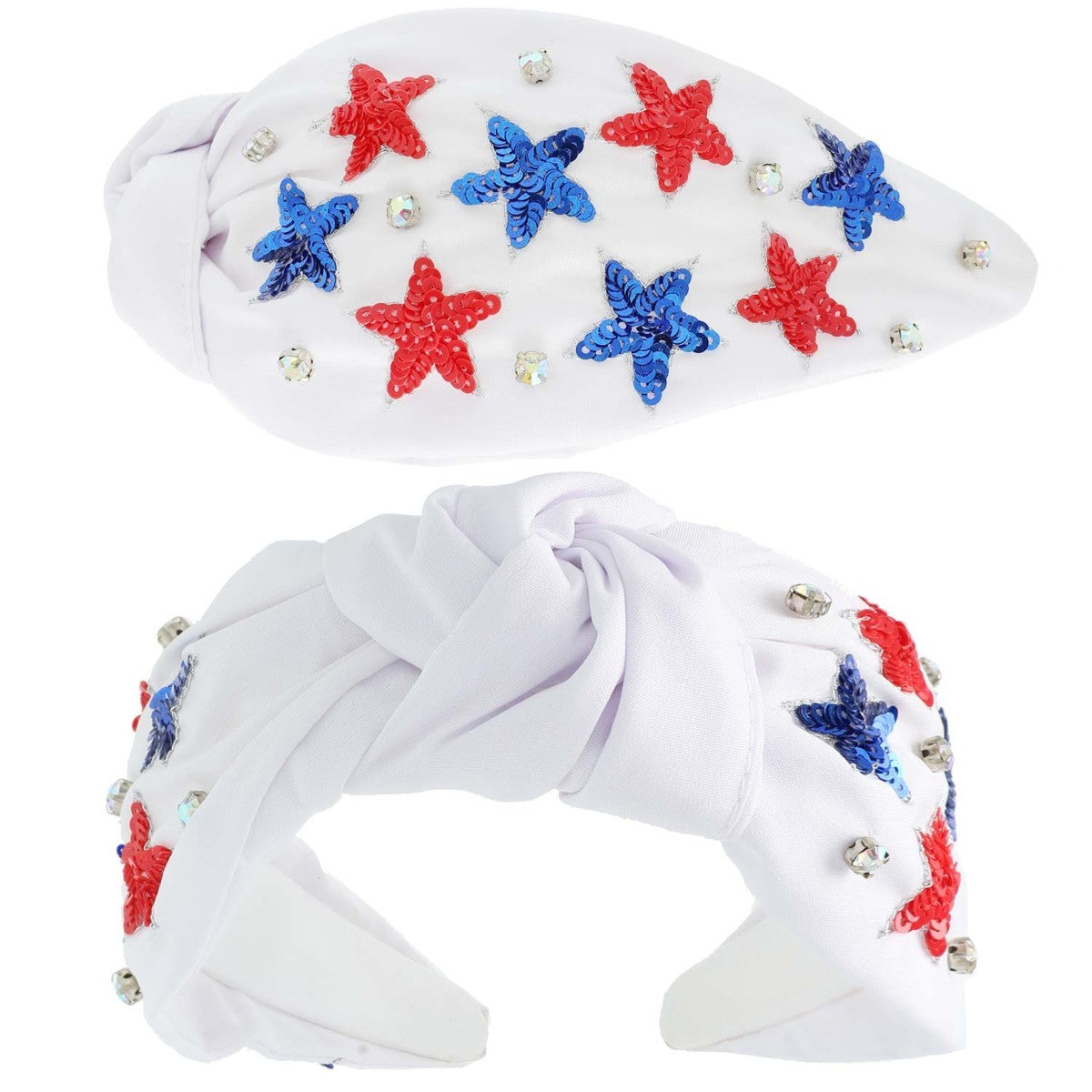 USA Patriotic Star Pattern Rhinestone Embroidery Knotted Headband