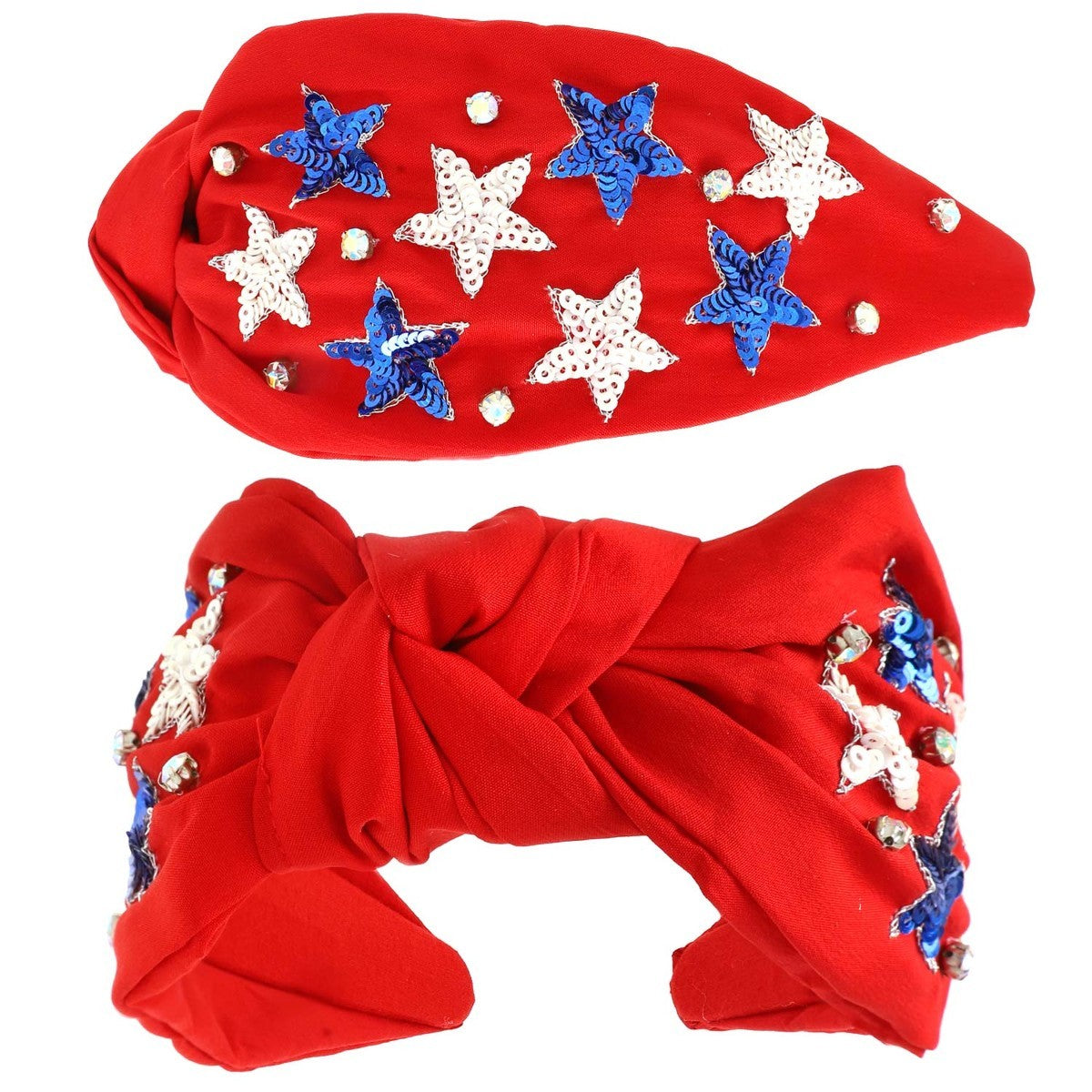 USA Patriotic Star Pattern Rhinestone Embroidery Knotted Headband