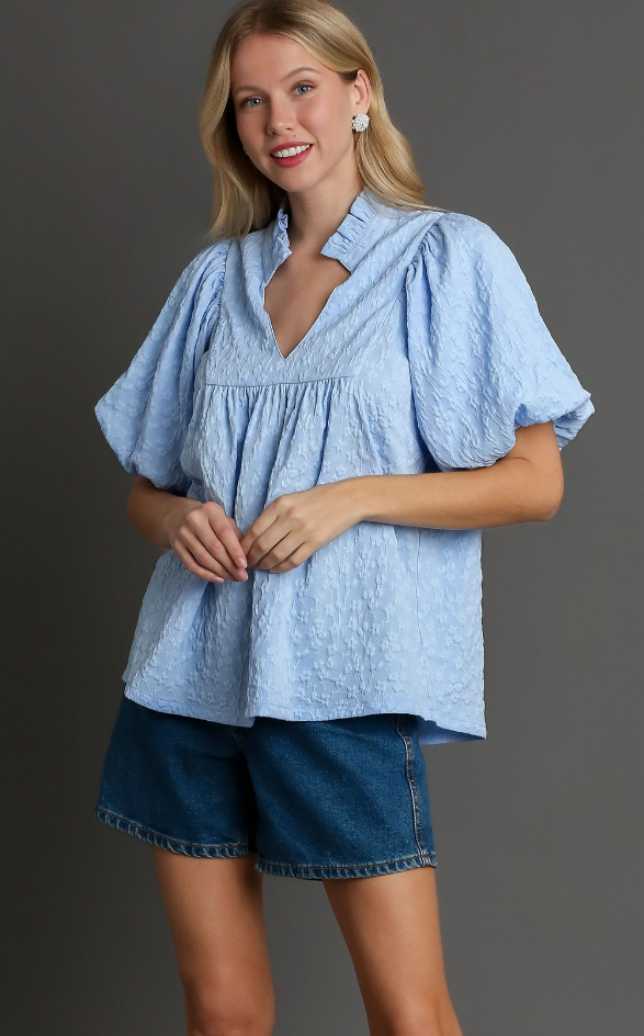 Light Blue Puff Sleeves Top