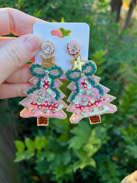 Pink Beaded Christmas Tree Earrings